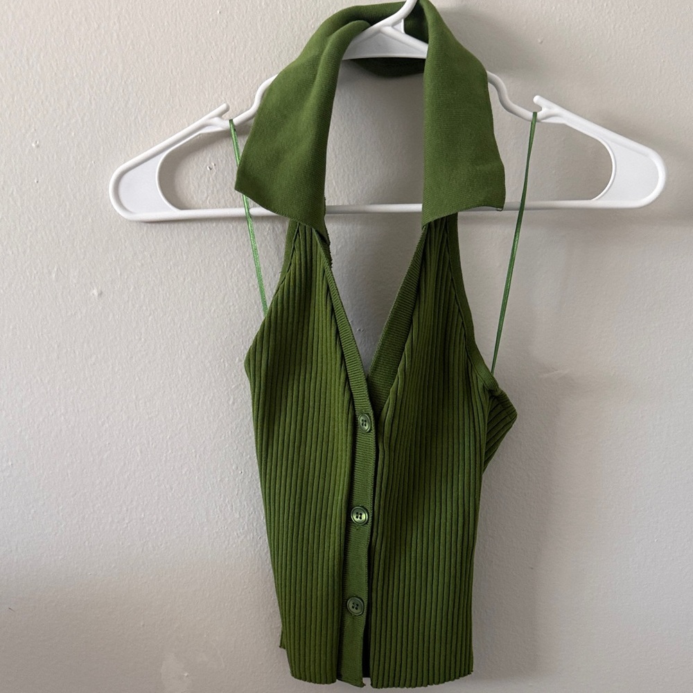 Zara Olive Ribbed Halter Crop Top